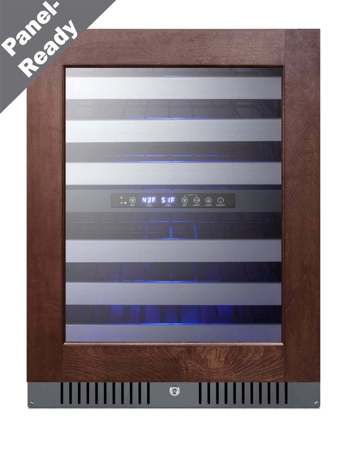 ADA compliant dual zone built-in wine cellar designed for the display and refrigeration of up to 46 bottles, with digital thermostat, panel-ready glass door, and black cabinet